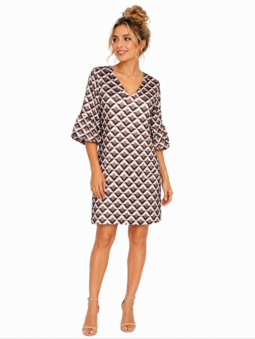 Tracy Negoshian Geometric Shift Dress Balloon Sleeve Stretch Size Small
